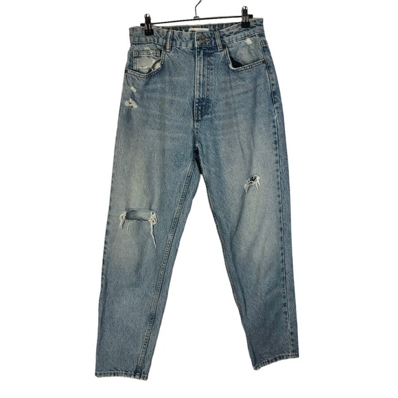 Zara Medium Blue High Rise Boyfriend Distressed Straight Leg Jeans 6 - Picture 1 of 4